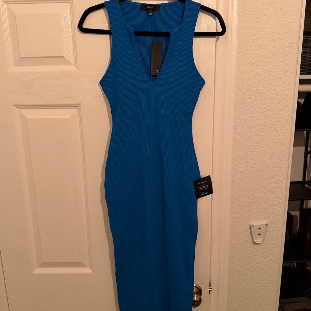Lulu’s Blue Ribbed Knit Sleeveless Midi Dress (S, New with Tags)